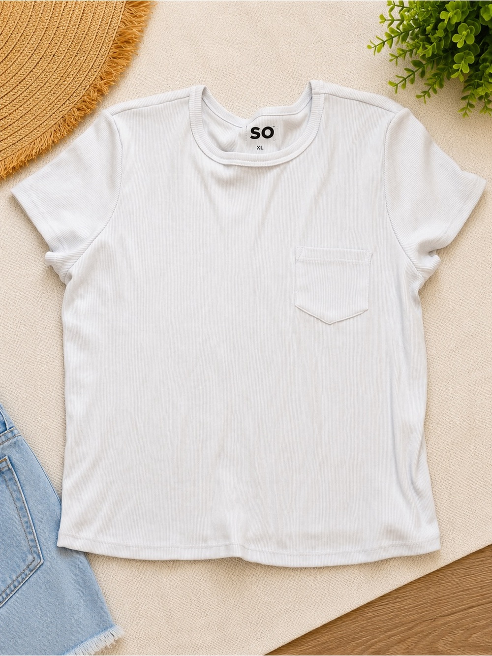 SO Pale Blue Ribbed Pocket Tee XL Soft Casual Basic Top